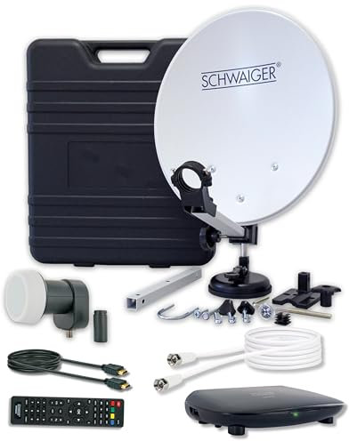 SCHWAIGER 9604 Installation Satellite de Camping Kit Complet numérique Parabole Sat Mallette Sat y Compris LNB Simple Récepteur Satellite Câble Satellite HD 10m Antenne Satellite Acier 35 x 38cm