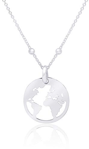 WANDA PLATA Collar Mundo para Mujer Chica Joven de Plata de Ley 925, Joyería Bola del Mundo, Colgante Mapamundi, Gargantilla Globo Terráqueo, World Tierra Continentes