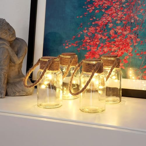 Spetebo LED Korkenglas 4er Set - Dekoglas zum hängen mit Kordel - Deko Glas Hängelampe mit LED Ambiente Licht