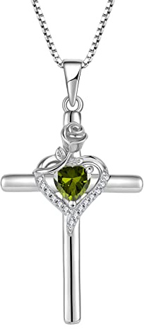 FJ Korskedja damer 925 sterlingsilver födelsesten kedja hänge med ros blomma smycken gåvor för kvinnor mor flickvän mamma, Sterlingsilver, Peridot