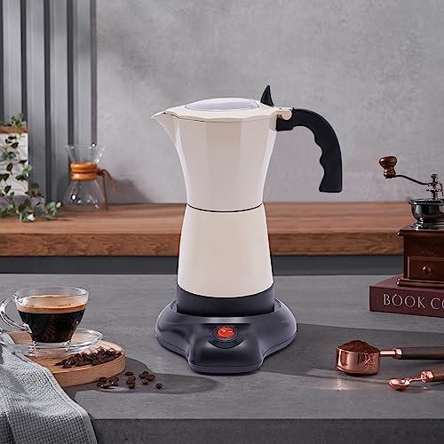 EurHomePlus 300ML 480W Aluminio Eléctrica Cafetera de Café Moka con Base 6 Tazas de Café para Familias, Reuniones, Cafés, Oficinas, Salones Universitarios, Viajes de Negocios, etc. (Blanco Crema)