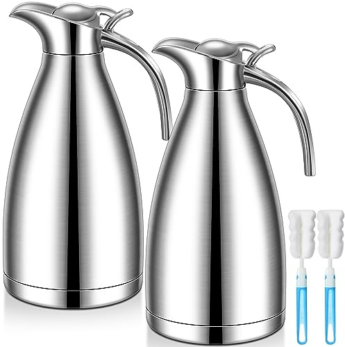 Uiifan 2 Pcs 68 oz Thermal Coffee Carafe Insulated Stainless Steel Coffee Carafe for Hot Liquids Vacuum Thermal Pot Creamer Dispenser with Brushes Keeping Hot Tea Milk Water(Silver)
