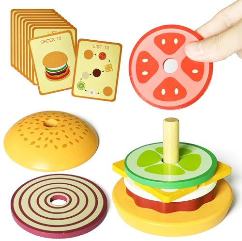 Hamburguesa de Madera Apilar Juguetes, Cocina Juguete Madera Pan Apilamiento Puzzle Juegos Educativos Niños Juguete Comida Accesorios Regalos para Niño y Niña 2+ Años (Hamburguesa)
