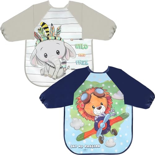 FIFTYSEVENFACES 2 Pezzi Bavaglini Pappa Svezzamento, Bavaglino Impermeabile per Bambino, Grembiule con Maniche Lunghe per Mangiare, Giocare e Colorare, da 6 Mesi a 3 Anni, Lavabile