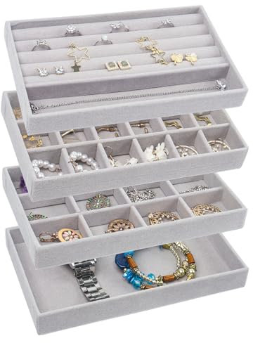 Nwvuop Set of 4 Jewellery Trays for Drawer, Velvet Stackable Jewellery Storage Organiser Jewellery Display for Earring Ring Necklace(Grey)