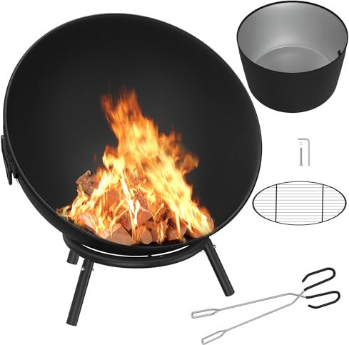 HENGMEI Braciere braciere Ø 60 cm, braciere inclinabile con 3 zampe, braciere da forno, braciere a sfera di fuoco, multifunzionale per riscaldamento, giardino, terrazza, barbecue