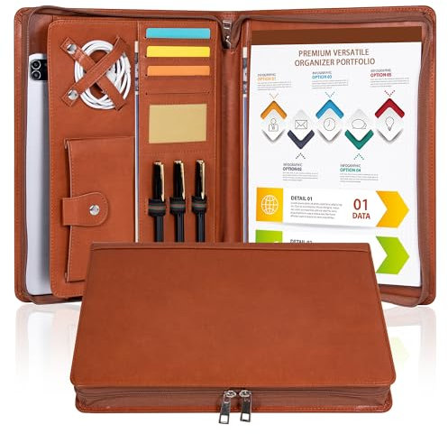 SUCCEWISHER Portfolio Binder with Zipper, Vegan Pu Leather Padfolio for Men and Women, Business Document Organizer with A4 Letter Sized Writing Pad Holder, Laptop Pocket,and Business Card（Brown）