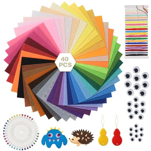 RAFIYU 40 Farben Bastelfilz, Bunter Filzstoff 30x20cm, Filzen für Kinder, DIY Filzplatten für Kunsthandwerk zum Nähen und für Patchworkarbeiten mit Bunter Stickgarn und Nähnadel
