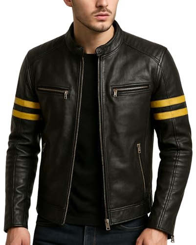 TRESSANO Mens Retro Cafe Racer Yellow Stripes Motorcycle Biker Vintage Black Leather Jacket, Black, M