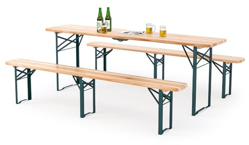 Warmiehomy 217CM Folding Camping Garden Picnic Table and Bench Set, Outdoor Portable Trestle Beer Table and Chairs, 3pcs Outdoor Furniture Set for Patio Yard Party BBQ