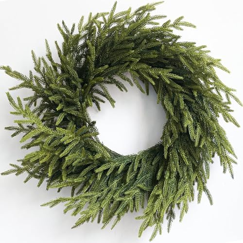HomeKaren Christmas Wreath 24 Real Touch Norfolk Pine Wreaths for Front Door Artificial Greenery Realistic Holiday Decoration Indoor Outdoor
