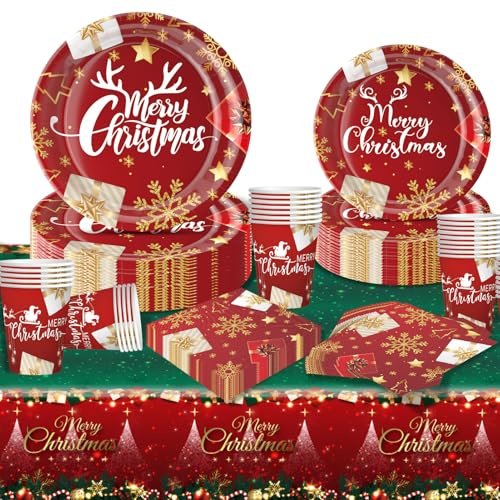 Moerstar Ensemble de Vaisselle de Noël, Ensemble de Vaisselle de Fête de Noël avec Assiettes en Carton, Gobelets en Carton, Nappe, Serviettes, Ensemble de Vaisselle pour Fête de Noël (A01)