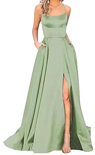 Robe de bal élégante 2025 pour femme - Longue robe de soirée dos nu - En satin - Bretelles spaghetti - Fente latérale - Robe de mariage avec poches