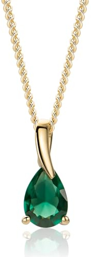 MIORE Collana Donna, Goccia Smeraldo, Ciondolo Oro Giallo 9KT 375, Catenina Argento 925 Placcata Oro 18Kt, Gioiello Anallergico, Elegante Portagioie