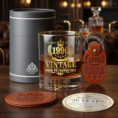 CROWNLY CRYSTAL Bicchiere Whisky 1996 Regalo Uomo 30 Anni Compleanno Idee Regalo Originali Fidanzato Amico Calice Vintage Degustazione Rum Amaro Gadget Festa 30esimo Anniversario Decorazioni Natale