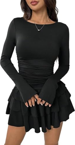 Belriviere Women Long Sleeve Mini Dress A-Line Ruched Cute Outfit Ruffle Tiered Hem Casual Short Dress for Party Night Out