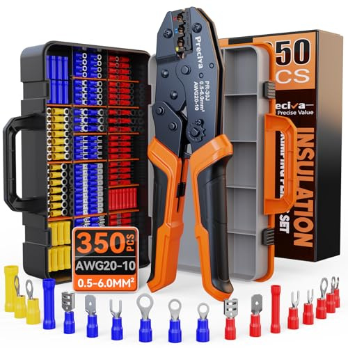 Insulated Crimping Tool Set with Storage Case, Ratcheting Wire Crimper Kit with 350 Terminals (Red, Blue, Yellow), Ergonomic Handle, High-Strength Steel, 0.5–6mm² / A.W.G. 20-10 Crimping Range (350)