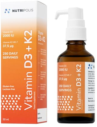 Nutripolis Vitamin D3 K2 2000 IU Liquid Formula | 250 Daily Servings, 50ml Premium Glass Bottle | High-Strength D3 and K2 Vitamin, MK-7 in Coconut MCT Oil Formula | Immune, Bone & Muscle Support
