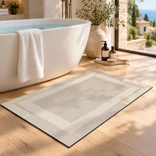 Quqei Bath Mat Non Slip,Thin Bathroom Rug Fit Under Door 40x60cm Beige | Quick Dry Absorbent Washable, Rubber Backing Bath Rug, Shower Mat Bathroom Floor Mat for Sink Bathtub Beside Shower Entrance