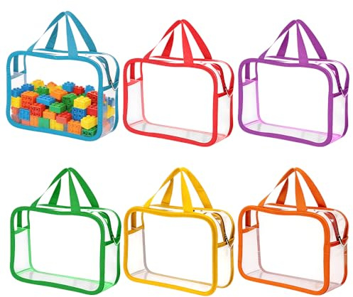 Wxeadu 6 Colors Clear Toy Storage Bags, Clear Storage Bags with Handle, PVC Organizing Bags with Zipper, Reusable Waterproof Toy Storage Organiser for Board Games, Building Blocks, Puzzles, 25x19x6cm