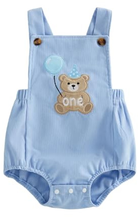 HZPHQY Baby Boy 1st Birthday Outfit Sleeveless Square Neck Romper Onesie Toddler Embroidery Overalls (A Blue One Bear, 6-12 Months)