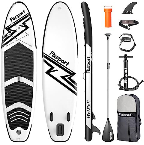 FBSPORT 11' Premium Stand Up Paddle Board, Yoga Board with SUP Accessories & Carry Bag | Wide Stance, Surf Control, Non-Slip Deck, Leash, Paddle and Pump for Youth & Adult (Black White)