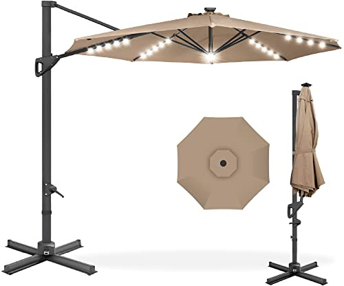 Best Choice Products 10ft Solar LED Cantilever Patio Umbrella, 360-Degree Rotation Hanging Offset Market Outdoor Sun Shade for Backyard, Deck, Poolside w/Lights, Easy Tilt, Cross Base - Tan