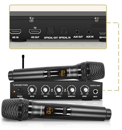 Sound Town Wireless Microphone Karaoke Mixer System with HD Audio Return Channel, Optical (Toslink), AUX, Supports Smart TV, Media Box, PC, Bluetooth, Soundbar, Receiver (SWM16-MAX)