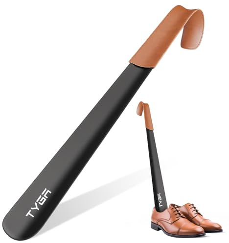 TYGA STORE Calzador de metal con mango largo de 42 cm, cuernos con correa de mango de cuero, para hombres, mujeres y niños, Black, Large
