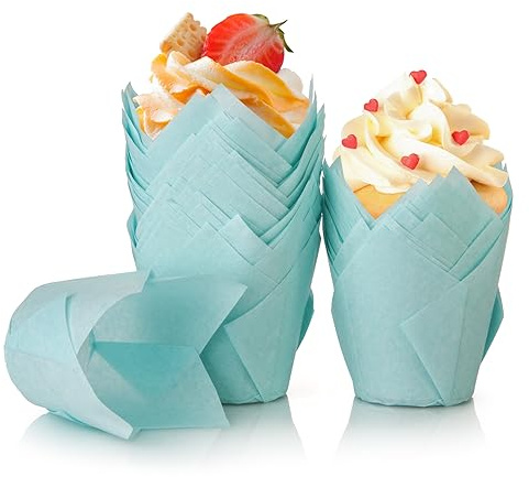 Spetsig 100 stycken pappersmuffinsformar i tulpanform cupcake formar tulpan engångsmugg för bröllop födelsedag påskfest familjesammankomster (blå)
