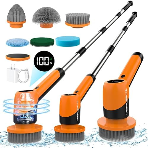 Brosse électrique rotative sans fil pour le nettoyage avec 6 têtes de brosse remplaçables, poignées d'extension réglables, brosse de nettoyage électrique pour salle de bain, sol, carrelage, cuisine