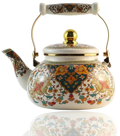 Leebright Floral Enamel Tea Kettle Vintage Gold Beige Teapot Colorful Boho Hot Water Coffee Kettle Pot 2.5L Porcelain Tea Pot with Ceramic Handle for Stovetop Hot Water Kitchen Decor
