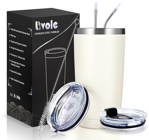 Livole 600 ml termosmugg kaffe to go, 20 oz isolerad dryckesmugg med handtag, rostfritt stål dryckesbägare med lock och sugrör, dubbelväggigt kaffe att gå termo, resemugg, tumbler, ullvit