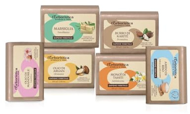 L'Erboristica Athena's | Saponi Vegetali Assortiti: Olio di Mandorle, Olio di Argan Bio, Amido di Riso, Burro di Karitè, Marsiglia, Olio di Monoi, Peso Saponetta 100 gr, 6 Pezzi, Made in Italy