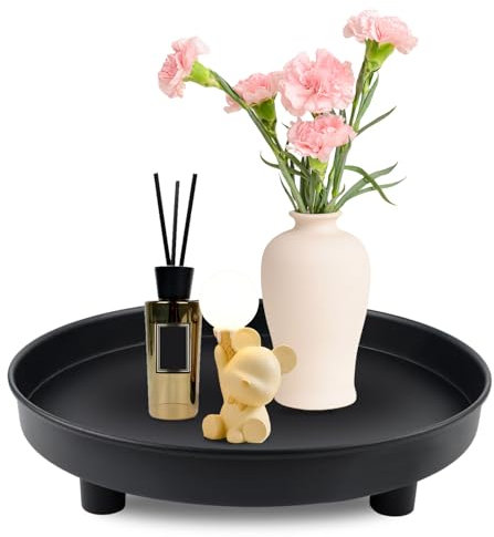 Deko Serviertablett Rund Schwarz 23cm - Rundes Tablett aus Edelstahl Dekoteller Metall Make up Organizer Kerzentablett Ablageschale Tablett für Schmuck Make-up