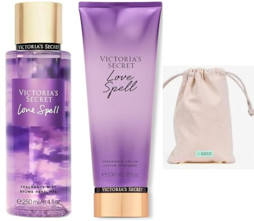 VS Love Spell Damen-Körperspray und Lotion-Set | Love Potion Scented Body Splash Geschenkset mit Parfüm Bodylotion für Frauen und Mädchen | Savour The Esssence Stoffbeutel
