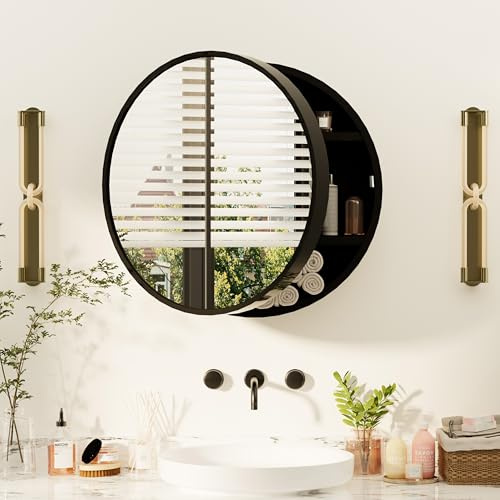 Royal Windsor 20 Inch Round Medicine Cabinet Mirror, Bathroom Mirror Wall Cabinet with Storage and Shelf, Surface Wall Mounted,Arched Cabinet Makeup Vanity Mirror for Bedroom, Black