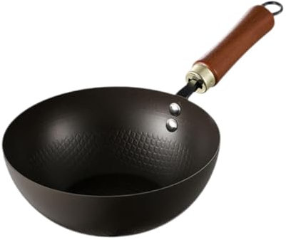 Gralara Pan de Hierro Wok Fry Hervulario Manejo de Madera Manejo de inducción Gas Gas Multipropósito Chino Wok Flat Bottom Wok para casa, 22cm
