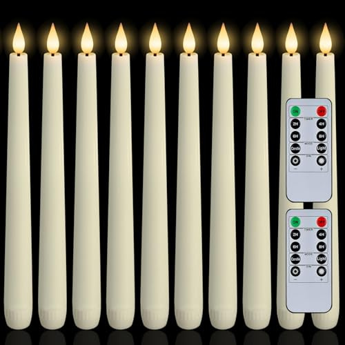 Homemory 12 Pcs Waxy Flameless Taper Candles with Remote, Led Flameless Candlesticks Classic Tall Candle, Flickering Battery Operated Taper Candles for Bedroom, Dining Room, Ivory, 9.6 inches