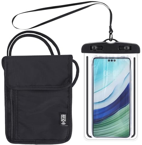 patinadrift Pochette tour de cou avec protection RFID, anti-vol - Unisexe - Noir - Sac à bandoulière pour téléphone portable et étui étanche pour téléphone portable - Pour passeport, cartes de crédit