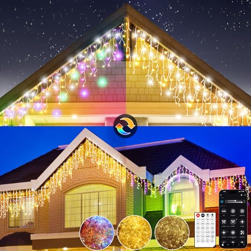 Luci natalizie per esterni, tenda luminosa a LED, per esterni, in bianco caldo e RGB, per esterni, con telecomando e app, 17 modalità+4 luminosità+timer (30 m + 5 M-1200 L, W/RGB)