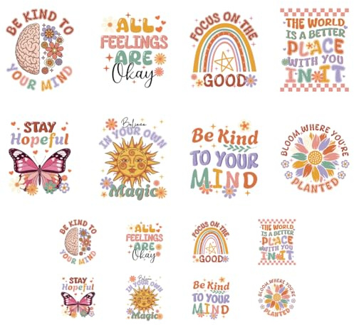 ANATTASOUL 16 Sheets Iron on Transfers for T-Shirts Mental Health DTF Transfers Ready to Press, Washable Vinyl Heat Press Iron on Patches for Women Clothing Hat Bag Pillow DIY Crafts Gifts