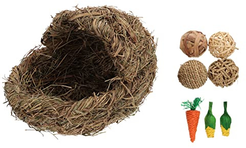 HIAKDOFT Hand-woven Small Animal Grass Nest with 4 Toy Balls and Carrot Foldable Rabbit and Hamster Grass House Mat for Indoor Use