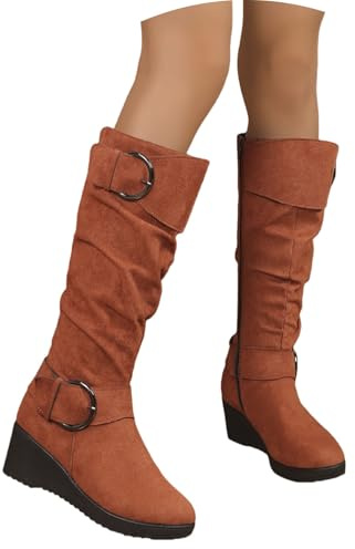 Bottes Hautes À La Mode Avec Double Boucle Boots Hautes En Daim For Femmes Avec Talon Compensé Bottes D'équitation À Plateforme Avec Fermeture Éclair Talons Hauts Vintage À Bout Rond(Brown,41 EU)