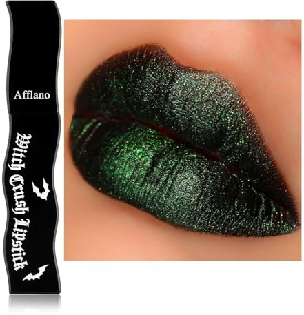Dunkler Grün Lippenstift Metallic, Schwarze Wicked Grün Lipgloss Glitzer, Langanhaltend Hochpigmentiert Leuchtend Lip Mud, Multichrom Green Lipstick für Karneval Alltag Cosplay Vampir Goth Makeup #09