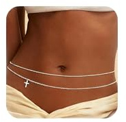 AOSWUD Cadena de vientre mujer dorada y plateada,Cadena de cintura Ajustable con Perlas y Cruz, Waist Chain Body Chain, Cinturón de Cadena para bikini verano