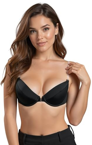 VIVISENCE Eve 1012 Soutien-Gorge Push-Up Dos Nu Bretelles Transparentes Amovibles Femme Top Qualité- Fabriqué en UE, Noir,80F