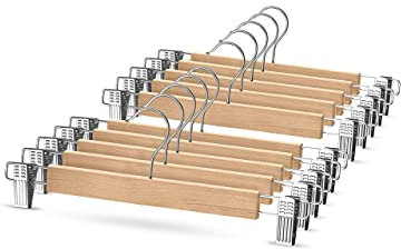 ZOBER High-Grade Wooden Trouser Hangers with Clips (10 Pack) - Durable Wooden Skirt Hangers, 360° Hook, Hangers for Trousers - Jean Hangers / Pants Hanger with Non Slip Adjustable Clips for