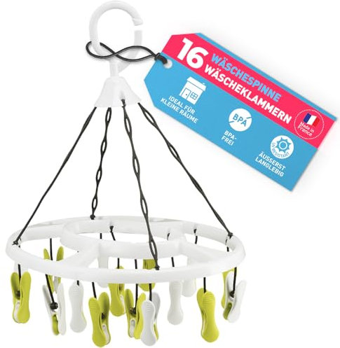 culiclean Wäschespinne Camping klein mini faltbar Wäscheständer klein Sockenspinne Sockentrockner mit Wäscheklammern Hängetrockner für Balkon Reise platzsparend weiß mit grün weiß