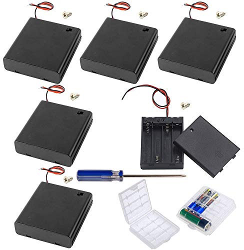 GTIWUNG 6Pcs 4 AA Battery Holder with Switch and Cover,Battery Holder Case Box with Wires,Black Plastic Batteries Case with Pin, 4x1.5V 6V AA Battery Holder with Leads,2Pcs Cell Battery Storage Case